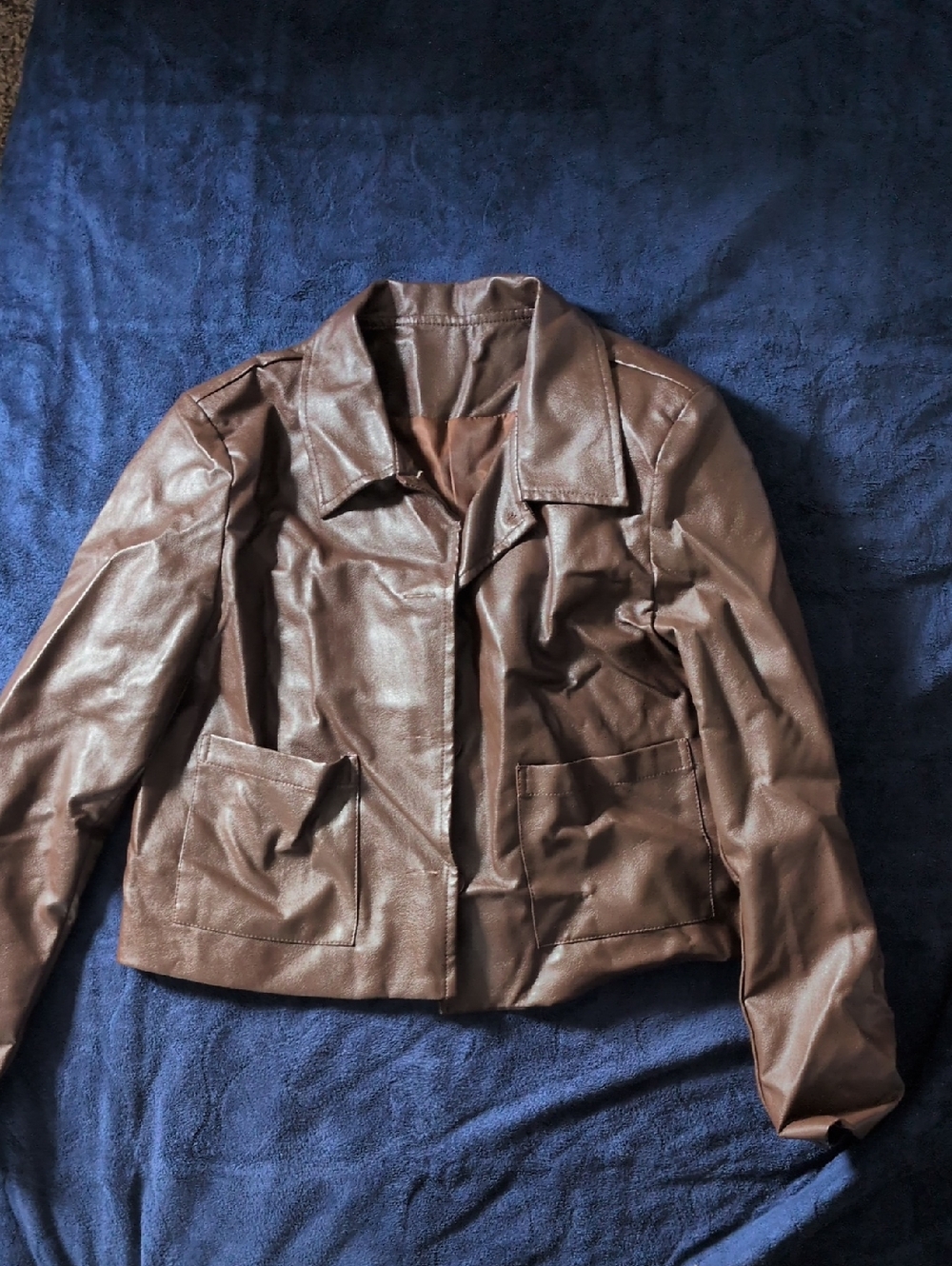 Women's Dark Brown Faux Leather Jacket with Patch Pockets